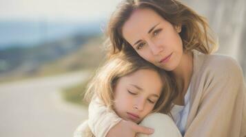 AI generated A mother embracing her daughter affectionately on the side of a road. Generative AI photo