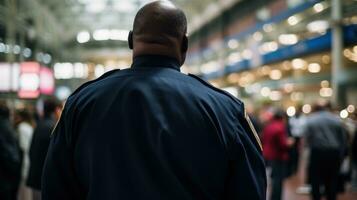 AI generated A uniformed police officer stands in the middle of a crowd in a public place. Generative AI photo