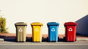 AI generated Colorful recycling bins lined up on a wall. Generative AI photo