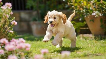 AI generated A playful puppy darts through green grass in a garden, enjoying the sunshine. Generative AI photo