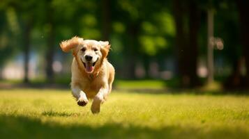 AI generated Golden retriever running in grassy field. Generative AI photo