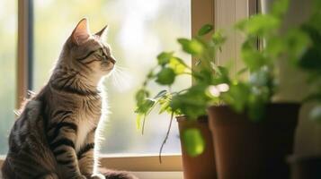 ai generado un gato sentado en un ventana umbral, mirando afuera. generativo ai foto