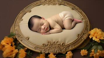 AI generated A peaceful baby sleeping soundly in a circular frame adorned with delicate flowers. Generative AI photo