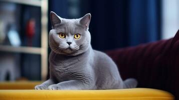 AI generated A British gray cat with yellow eyes sitting on a couch. Generative AI photo