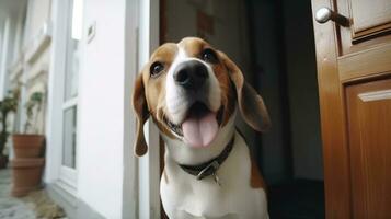 ai generado un perro en pie en frente de un puerta, mirando alerta. generativo ai foto