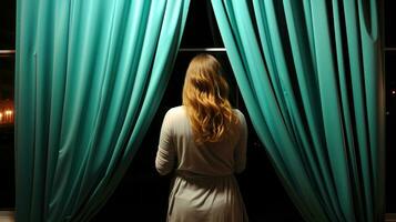 ai generado un mujer en pie en frente de el ventana mira fuera de pensativamente. generativo ai foto