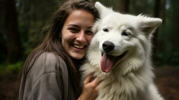 ai generado un mujer abrazando su blanco perro con amor y calor. generativo ai foto