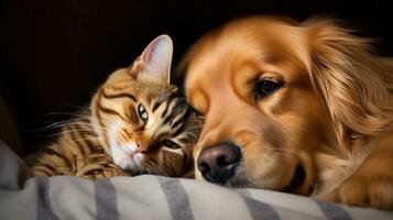 AI generated A golden retriever and a cat peacefully resting side by side on a cozy bed. Generative AI photo