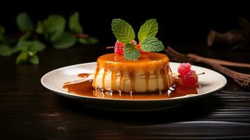 AI generated A dessert with caramel sauce and mint leaves, a sweet treat with a touch of freshness. Generative AI photo