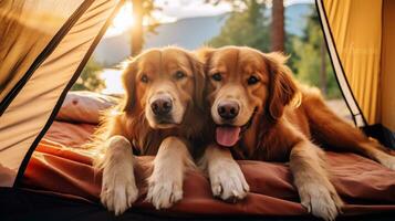 AI generated Two golden retrievers sitting inside a tent, enjoying their time together in the great outdoors. Generative AI photo