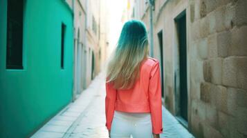 ai generado mujer con largo pelo caminando abajo callejón. generativo ai foto