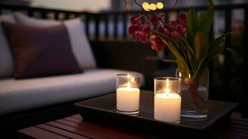 AI generated Candles on a wooden table on the balcony adding romance to the atmosphere. Generative AI photo