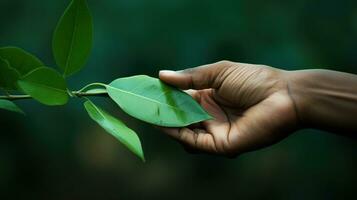 ai generado un mano suavemente sostiene un vibrante verde hoja en un árbol rama, exhibiendo el belleza de de la naturaleza delicado tocar. generativo ai foto