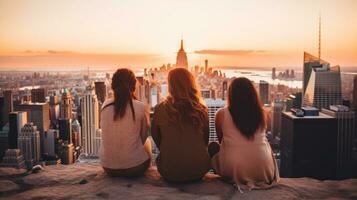 AI generated Three women enjoying the view of the city from a hilltop. Generative AI photo