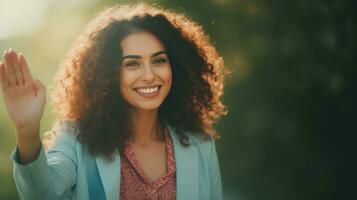 ai generado pelo rizado mujer ondulación con un sonrisa. generativo ai foto