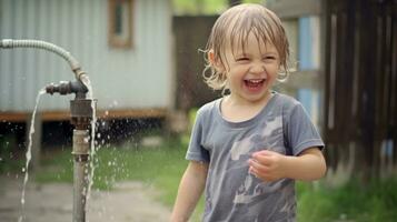 ai generado un joven chico alegremente soportes en frente de un agua grifo, reír. generativo ai foto