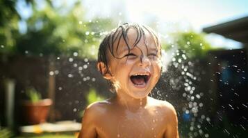 ai generado joven chico felizmente jugando con agua en el jardín. generativo ai foto