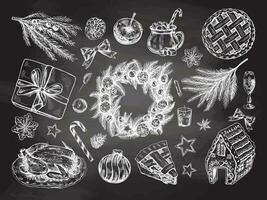 Hand-drawn Christmas set in sketch style isolated on chalkboard background. Festive decoration - wreath, gift, sweets, food, Christmas tree decor, drinks and spices sketches. Isolated. vector