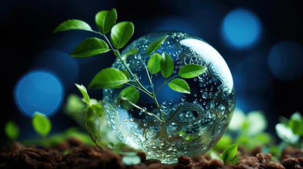 AI generated A glass sphere showcasing plants growing inside, creating a captivating and self-contained ecosystem. Generative AI photo