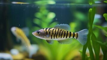 ai generado un pescado nadando en un acuario lleno de plantas. generativo ai foto