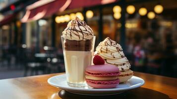 ai generado un delicioso postre en un lámina, metido en frente de un restaurante, Listo a ser saboreado generativo ai foto