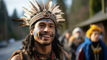 ai generado sonriente hombre con tocado y pintado cara a festival. generativo ai foto