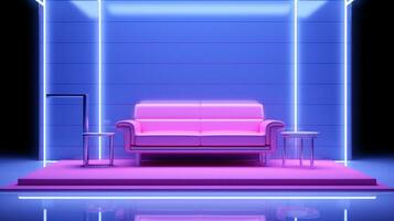 AI generated A vibrant neon pink couch in a room illuminated by a neon light, creating a bold and energetic atmosphere. Generative AI photo