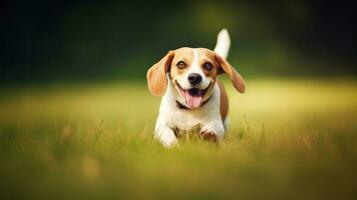 AI generated A beagle dog joyfully running through a field, with its ears flapping in the wind. Generative AI photo