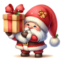 mignonne gnome Père Noël claus dessin animé main dessiner dessin animé style et Noël arbre, Père Noël en portant cadeau boîte avec bonbons canne aquarelle clipart sur png transparence