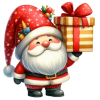 linda gnomo Papa Noel claus dibujos animados mano dibujar dibujos animados estilo y Navidad árbol, Papa Noel participación regalo caja con caramelo caña acuarela clipart en png transparencia