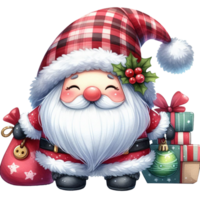 cute gnome santa claus cartoon hand draw cartoon style and christmas tree, santa holding gift box with candy cane watercolor clipart on png transparency