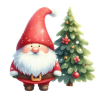 söt gnome santa claus tecknad serie hand dra tecknad serie stil och jul träd, santa innehav gåva låda med godis sockerrör vattenfärg ClipArt på png genomskinlighet