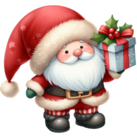 söt gnome santa claus tecknad serie hand dra tecknad serie stil och jul träd, santa innehav gåva låda med godis sockerrör vattenfärg ClipArt på png genomskinlighet