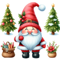 cute gnome santa claus cartoon hand draw cartoon style and christmas tree, santa holding gift box with candy cane watercolor clipart on png transparency