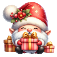 mignonne gnome Père Noël claus dessin animé main dessiner dessin animé style et Noël arbre, Père Noël en portant cadeau boîte avec bonbons canne aquarelle clipart sur png transparence