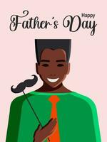 Happy Father's Day. Modern postcard with a young African American man in a tie, who, for humor, holds a paper mustache in his hand, who became a father. Vertical pink background. Vector. vector