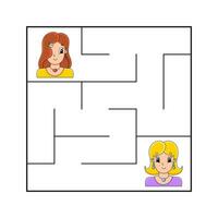 Simple square maze for toddlers. With cute cartoon characters. Isolated on white background. Vector illustration.