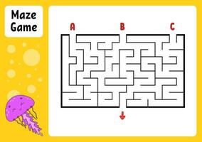 Rectangle maze. Game for kids. Three entrances, one exit. Education worksheet. Puzzle for children. Labyrinth conundrum. Find the right path. cartoon character. Vector illustration.