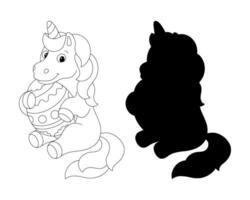 A funny unicorn is holding a big Easter egg. Black silhouette. Design element. Vector illustration isolated on white background. Template for books, stickers, posters, cards, clothes.