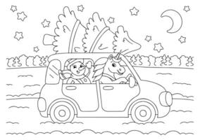 The snowman and the unicorn ride in the car and carry the Christmas tree. Coloring book page for kids. Cartoon style character. Vector illustration isolated on white background.