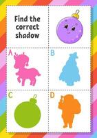 Find the correct shadow. Education developing worksheet for kids. Puzzle game. Activity page. cartoon character. Vector illustration.