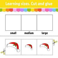 Learning sizes. Cut and glue. Easy level. Color activity worksheet. Game for children. Cartoon character. Vector illustration.