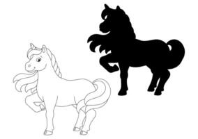 Black silhouette unicorn. Design element. Vector illustration isolated on white background. Template for books, stickers, posters, cards, clothes.