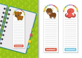 Set of paper bookmarks for books with cute cartoon characters. For kids. Isolated on white background. Vector illustration.