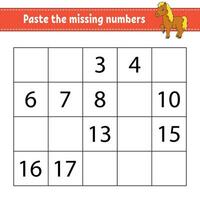 Paste the missing numbers 1-20. Game for children. Handwriting practice. Learning numbers for kids. Education developing worksheet. Activity page. Vector illustration.