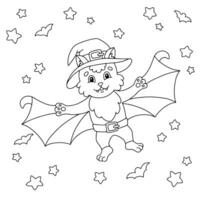 Cute bat in hat. Coloring book page for kids. Cartoon style character. Vector illustration isolated on white background.