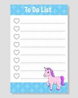 To do list for kids. Empty template. The rectangular shape. Funny character. cartoon style. For the diary, notebook, bookmark. Vector illustration.