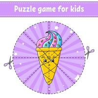 Cut and play. Round puzzle. Logic puzzle for kids. Activity page. Birthday theme. Cutting practice for preschool. cartoon character. vector