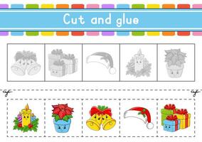 Cut and play. Paper game with glue. Flash cards. Education worksheet. Activity page. Scissors practice. Vector illustration.