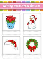 Writing words from pictures. Learn English words. Education developing worksheet. Color activity page. cartoon character. Vector illustration.